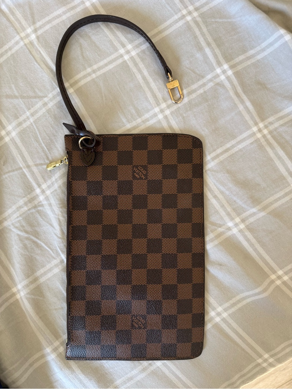 Brown Checkered Leather Wristlet Pouch